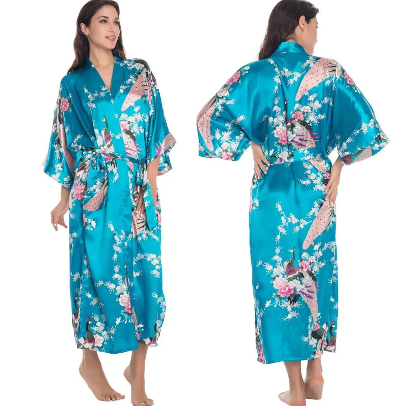 Peignoir de bain femme turquoise-polyester-satiné-manche-longue-mi-mollet-ete-motif-floral-absorbant-printemps-leger-col-chale-bleu