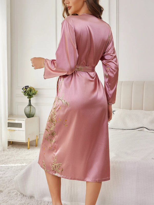 Peignoir de bain femme ultra doux-polyester-manche-longue-mi-mollet-absorbant-floral-epaisseur-ete-normal-printemps-rose