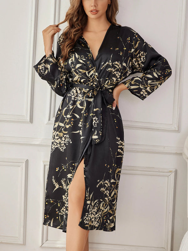 Peignoir de bain femme ultra doux-polyester-manche-longue-mi-mollet-absorbant-floral-ete-epaisseur-normal-printemps-noir
