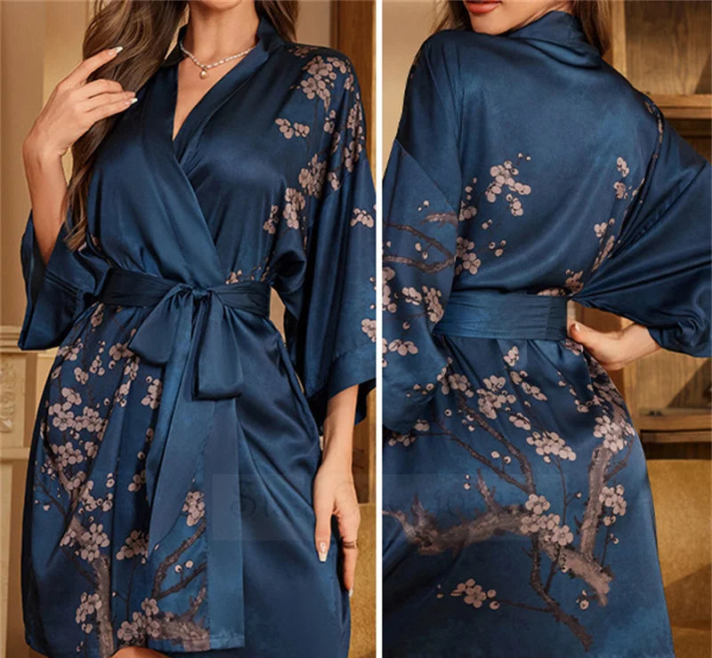 Peignoir de bain femme ultra léger-manche-trois-quarts-mi-genou-col-chale-absorbant-ete-printemps-motif-floral-bleu-marine