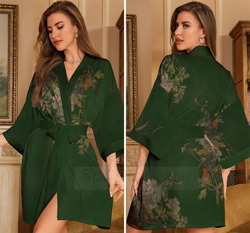 Peignoir_de_bain_femme_ultra_l_ger-manche-trois-quarts-mi-genou-col-chale-absorbant-printemps-ete-motif-floral-vert-bouteille