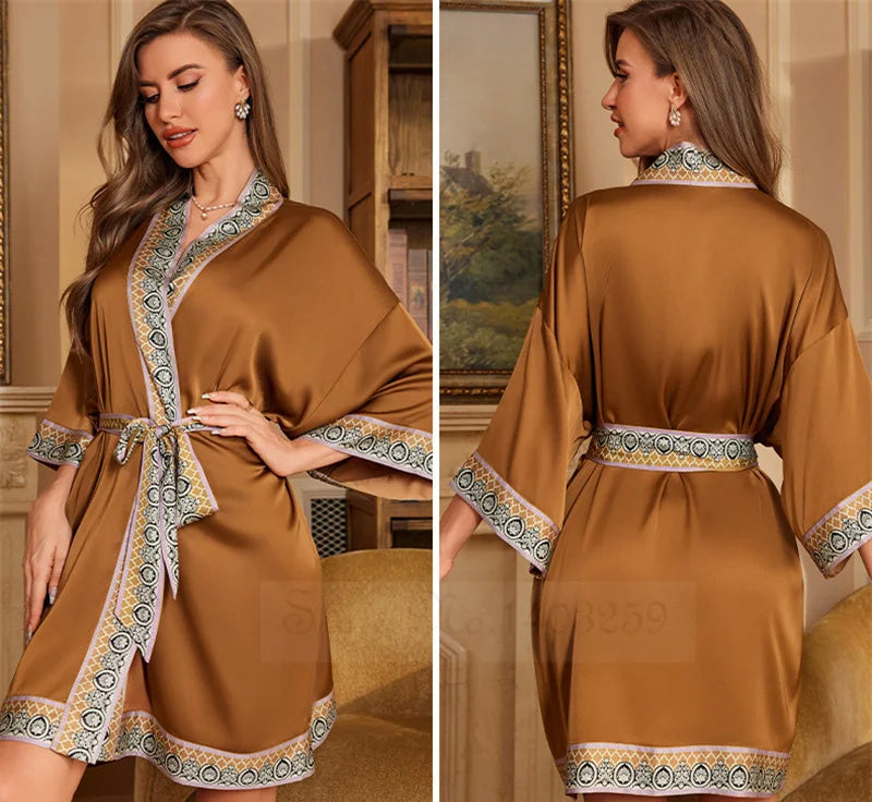 Peignoir_de_bain_femme_ultra_l_ger-manche-trois-quarts-mi-genou-col-chale-ete-absorbant-printemps-motif-floral-marron