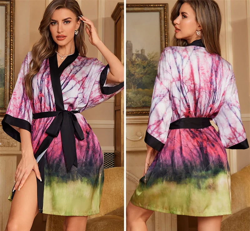 Peignoir_de_bain_femme_ultra_l_ger-manche-trois-quarts-mi-genou-col-chale-ete-absorbant-printemps-motif-floral-rouge-vert