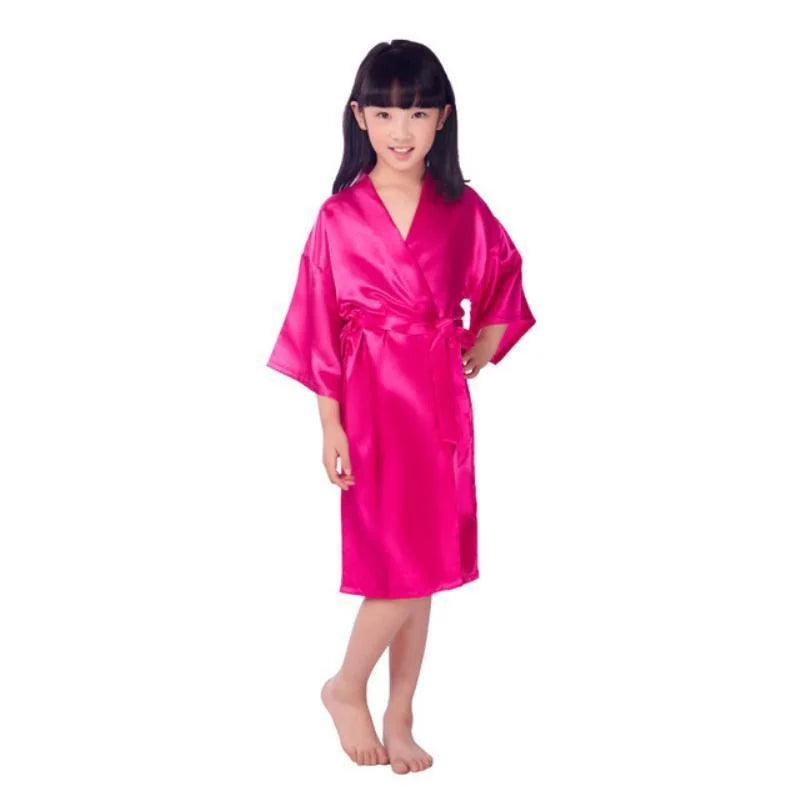 Peignoir de bain fille-polyester-satiné-personnalisé-manche-trois-quarts-mi-genou-ete-printemps-absorbant-rose