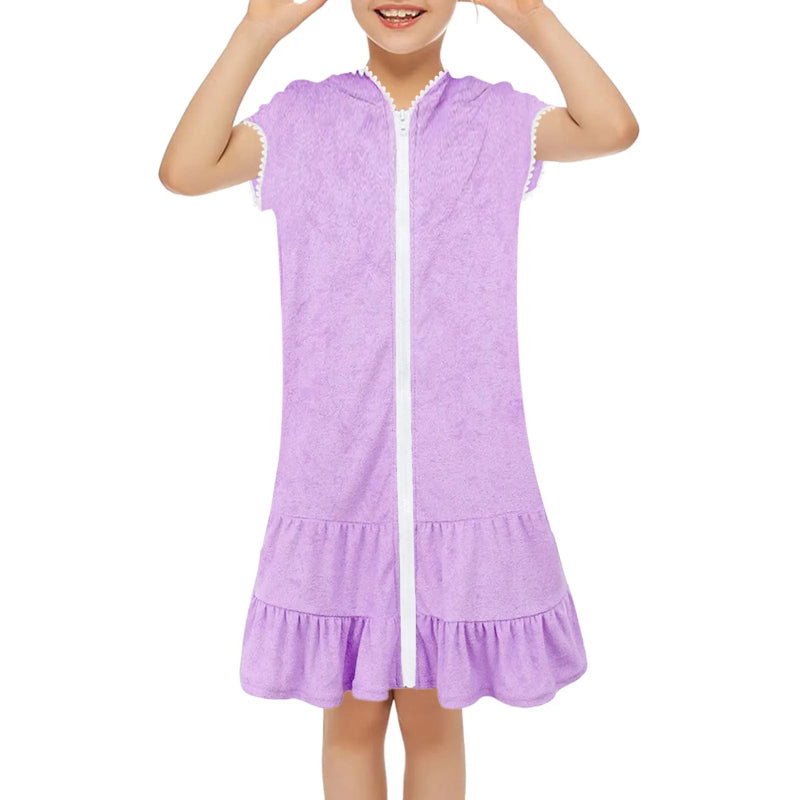 Peignoir de bain fille 8 ans avec fermeture eclair-coton-peigne-capuche-absorbant-été-printemps-cuisse-manche-courte-mi-violet