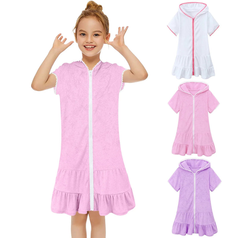 Peignoir de bain fille 8 ans avec fermeture eclair-coton-peigne-capuche-absorbant-été-printemps-mi-cuisse-manche-courte-violet