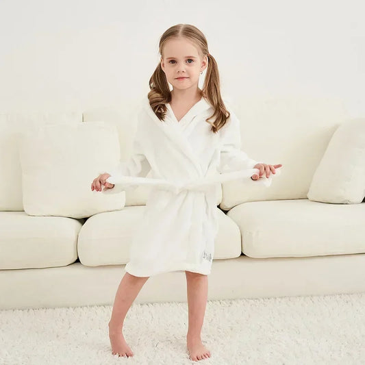 Peignoir de bain fille 8 ans bleu en solde-polyester-flanelle-capuche-manche-longue-mi-genou-absorbant-confortable-hiver-printemps-blanc