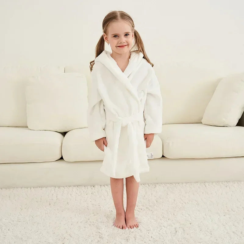 Peignoir de bain fille 8 ans bleu en solde-polyester-flanelle-capuche-manche-longue-mi-genou-absorbant-confortable-printemps-hiver-blanc