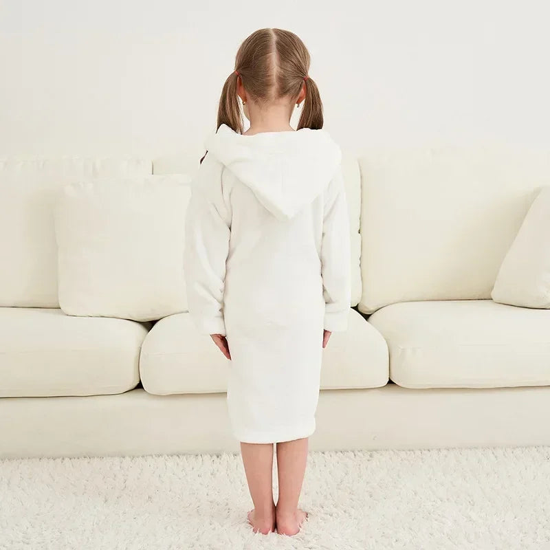 Peignoir de bain fille 8 ans bleu en solde-polyester-flanelle-capuche-manche-longue-mi-genou-absorbant-hiver-confortable-printemps-blanc