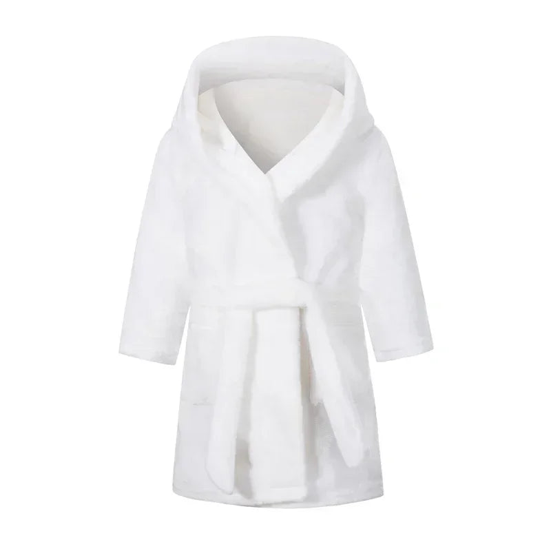 Peignoir de bain fille 8 ans bleu en solde-polyester-flanelle-capuche-manche-longue-mi-genou-absorbant-hiver-confortable-printemps-floral-dessin-anime-blanc