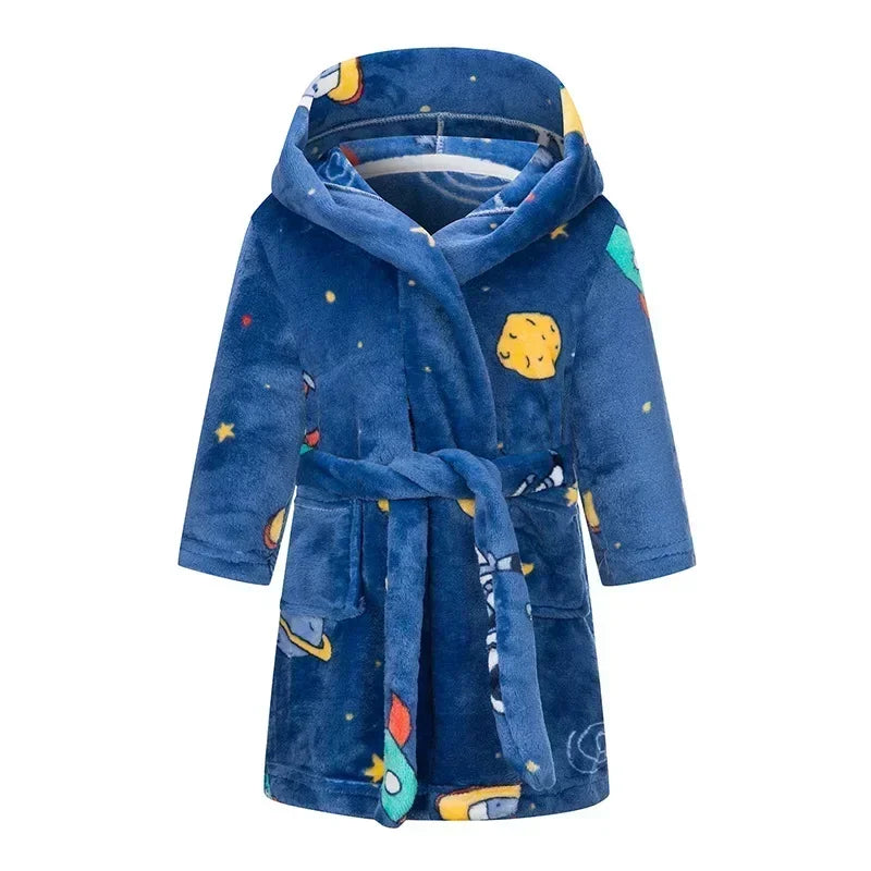 Peignoir de bain fille 8 ans bleu en solde-polyester-flanelle-capuche-manche-longue-mi-genou-absorbant-hiver-confortable-printemps-floral-dessin-anime-bleu
