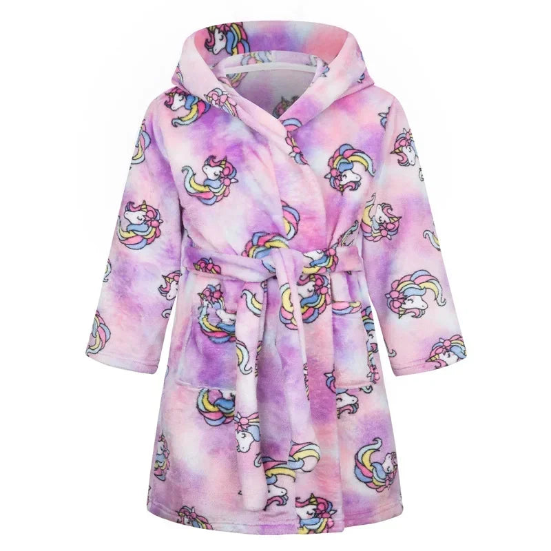 Peignoir de bain fille 8 ans bleu en solde-polyester-flanelle-capuche-manche-longue-mi-genou-absorbant-hiver-confortable-printemps-floral-dessin-anime-rose