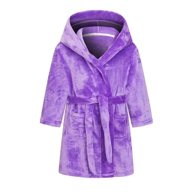 Peignoir de bain fille 8 ans bleu en solde-polyester-flanelle-capuche-manche-longue-mi-genou-absorbant-hiver-confortable-printemps-floral-dessin-anime-violet