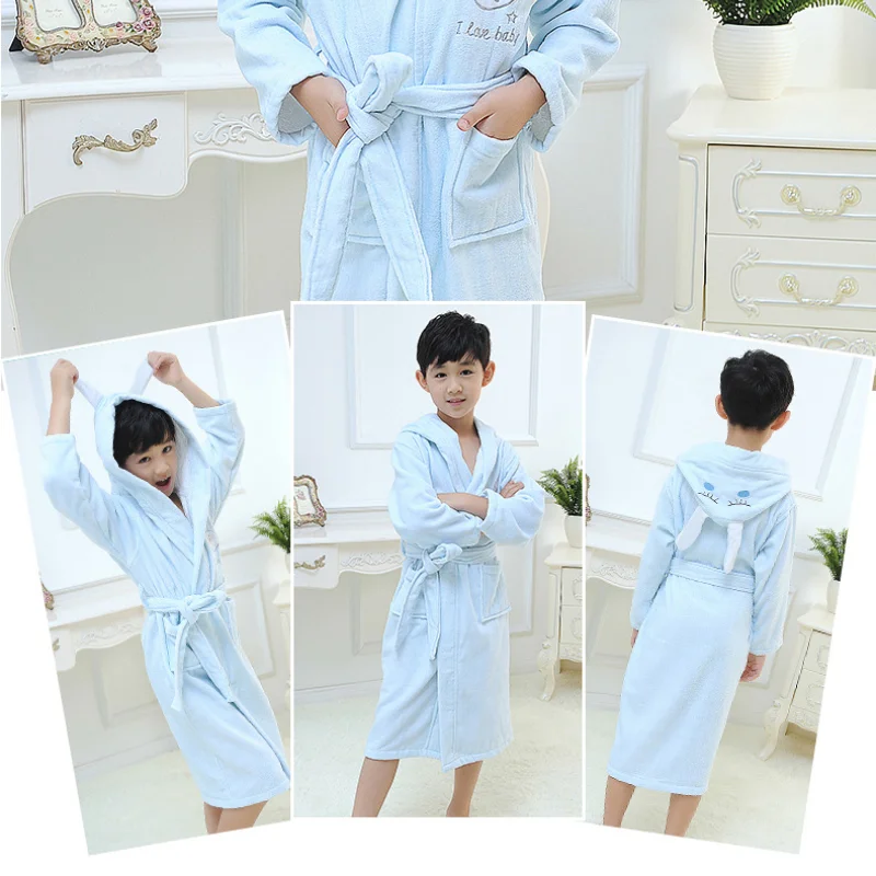 Peignoir de bain fille 8 ans coton-coton-manche-longue-mollet-absorbant-hiver-printemps-automne-capuche-animale-blanc-bleu