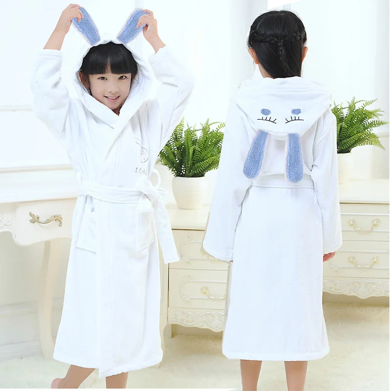 Peignoir de bain fille 8 ans coton-coton-manche-longue-mollet-absorbant-hiver-printemps-automne-capuche-animale-bleu-blanc