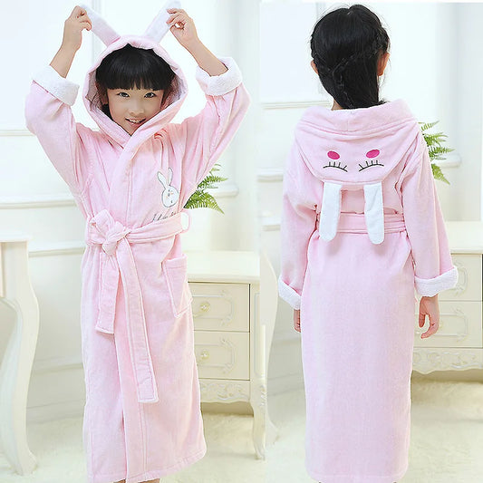 Peignoir de bain fille 8 ans coton-coton-manche-longue-mollet-absorbant-hiver-printemps-automne-capuche-animale-rose-blanc