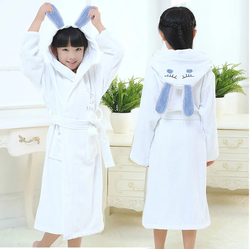 Peignoir de bain fille 8 ans coton-coton-manche-longue-mollet-absorbant-printemps-automne-capuche-animale-hiver-blanc-bleu