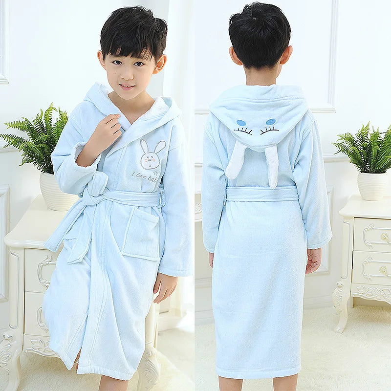 Peignoir de bain fille 8 ans coton-coton-manche-longue-mollet-absorbant-printemps-automne-hiver-capuche-animale-blanc-bleu