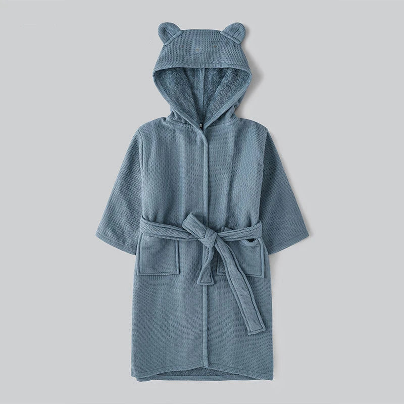 Peignoir de bain fille avec capuche-capuche-motif-animal-absorbant-moelleux-confortable-mi-cuisse-bleu