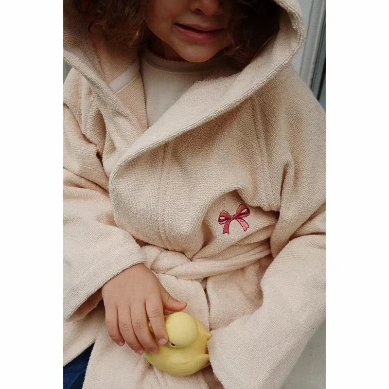 Peignoir de bain fille brodé-moelleux-coton-confortable-capuche-absorbant-manche-longue-hiver-printemps-beige