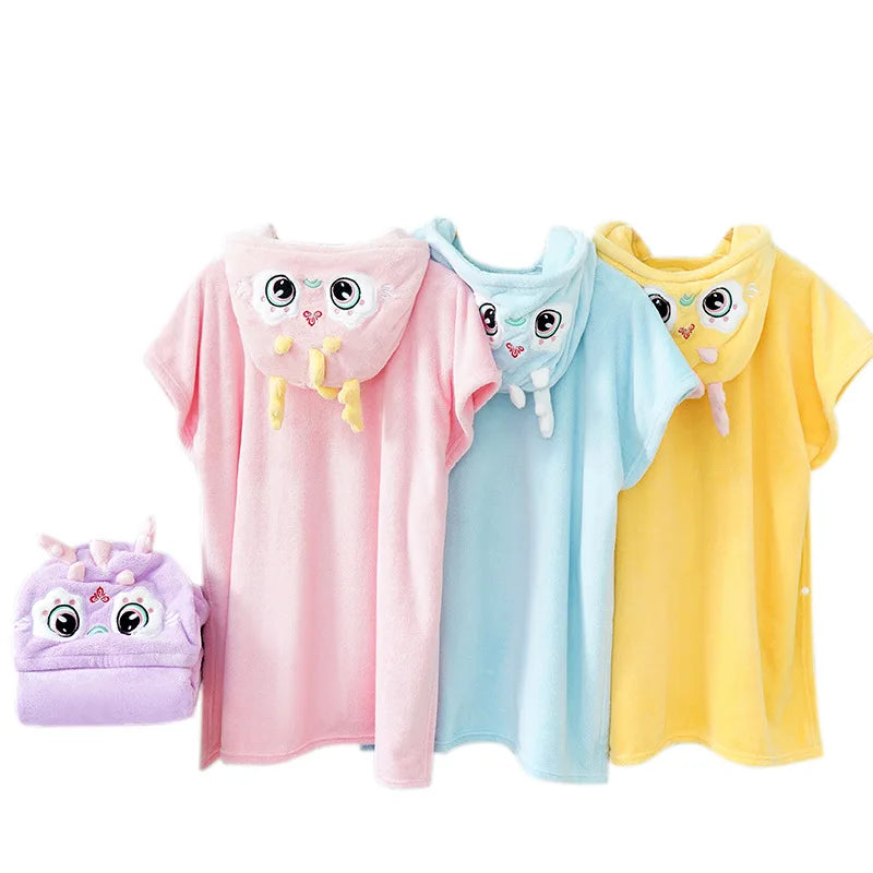 Peignoir de bain fille doux-coton-polyester-sans-manche-mi-genoux-absorbant-moelleux-confortable-rose-bleu-rose