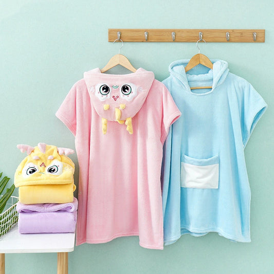 Peignoir de bain fille doux-coton-polyester-sans-manche-mi-genoux-absorbant-moelleux-confortable-rose-bleu