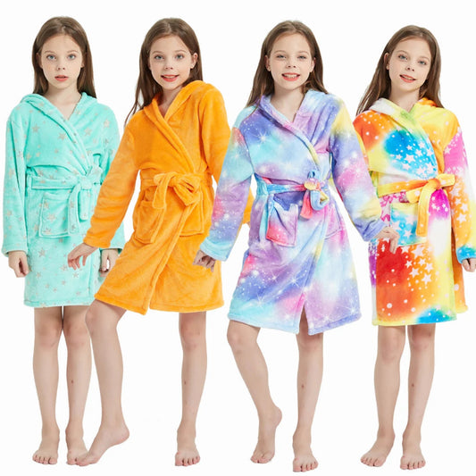 Peignoir de bain fillette-flanelle-polyester-manche-longue-mi-cuisse-floral-capuche-épais-hiver
