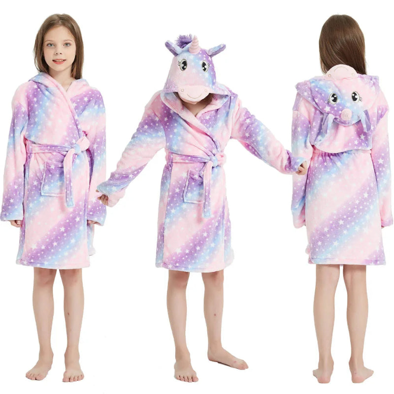 Peignoir de bain fillette-flanelle-polyester-manche-longue-mi-cuisse-floral-capuche-animale-hiver-épais-dessin-animé