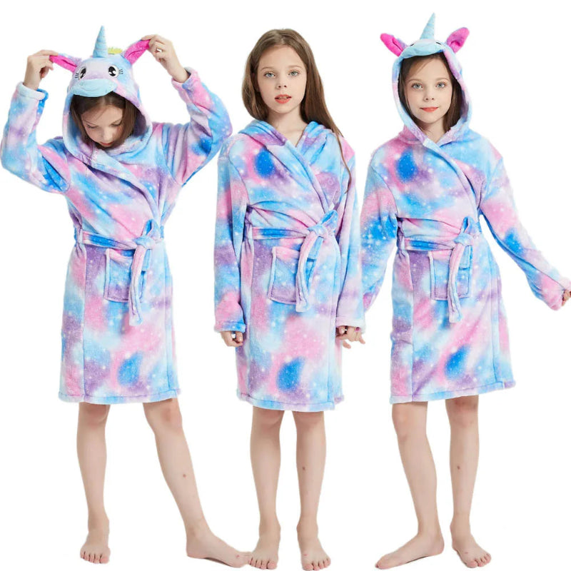 Peignoir de bain fillette-flanelle-polyester-mi-cuisse-manche-longue-floral-capuche-animale-epais-hiver-dessin-animé