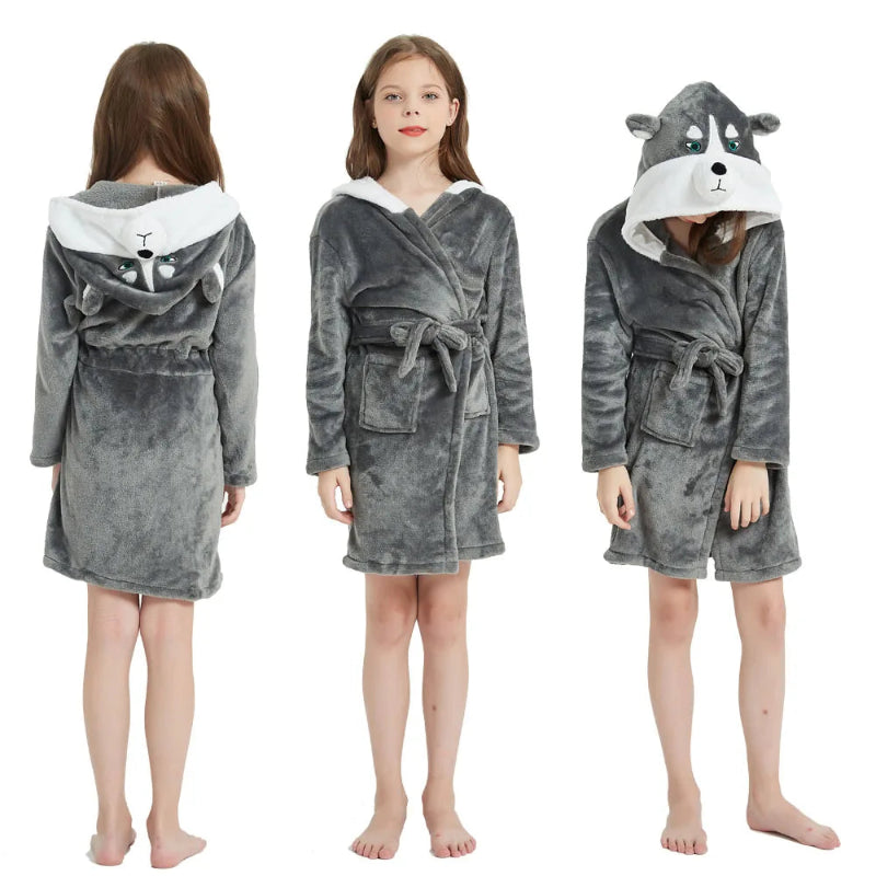 Peignoir de bain fillette-flanelle-polyester-mi-cuisse-manche-longue-floral-capuche-animale-epais-hiver-dessin-animé-gris-blanc
