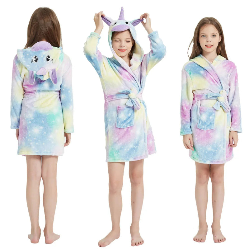 Peignoir de bain fillette-flanelle-polyester-mi-cuisse-manche-longue-floral-capuche-animale-epais-hiver-dessin-animé-jaune-bleu-violet