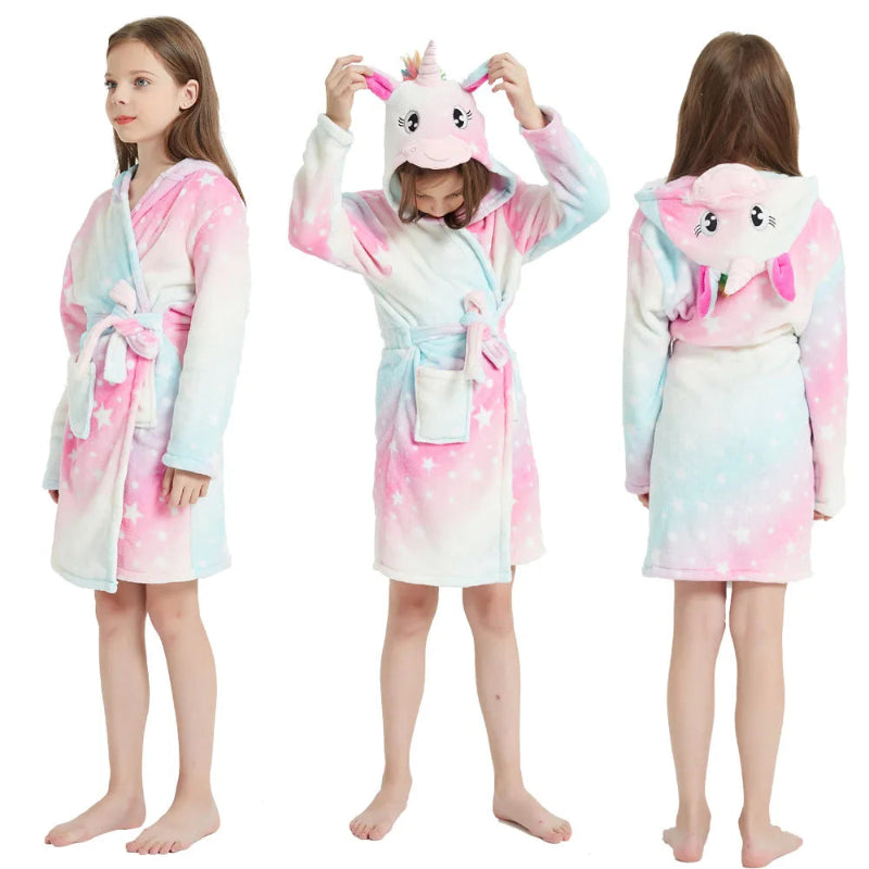 Peignoir de bain fillette-flanelle-polyester-mi-cuisse-manche-longue-floral-capuche-animale-epais-hiver-dessin-animé-jaune-violet-rose