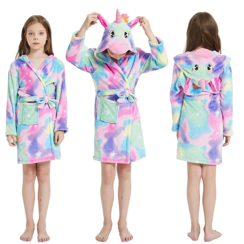 Peignoir de bain fillette-flanelle-polyester-mi-cuisse-manche-longue-floral-capuche-animale-epais-hiver-dessin-animé-rose-jaune-violet-bleu