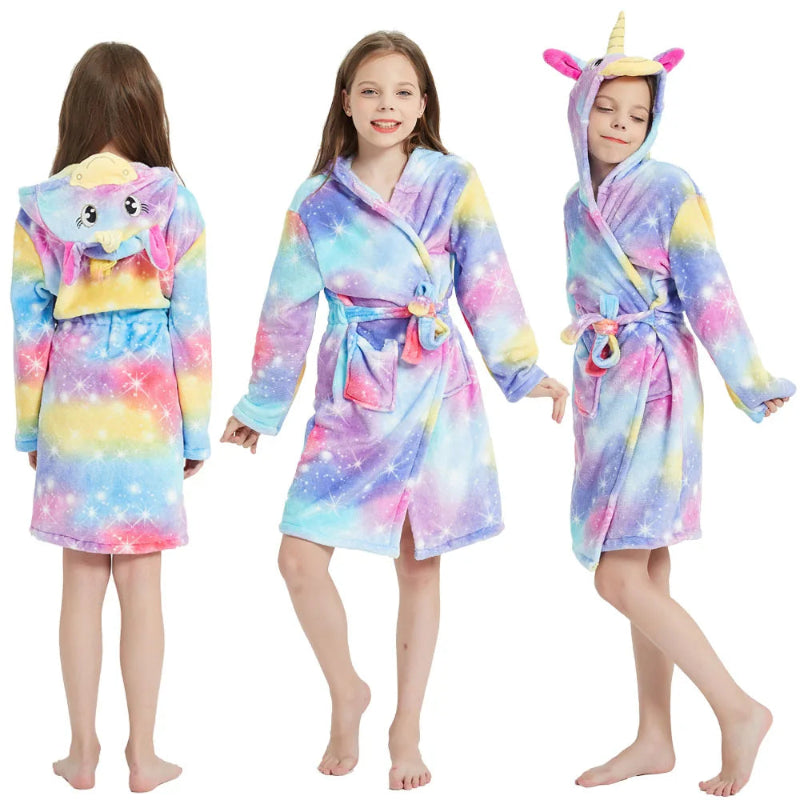 Peignoir de bain fillette-flanelle-polyester-mi-cuisse-manche-longue-floral-capuche-animale-epais-hiver-dessin-animé-rose-jaune-violet