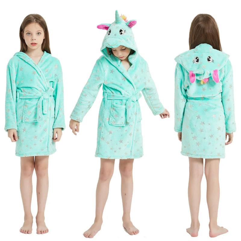 Peignoir de bain fillette-flanelle-polyester-mi-cuisse-manche-longue-floral-capuche-animale-epais-hiver-dessin-animé-rose-vert