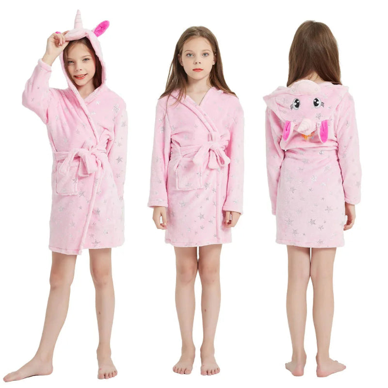 Peignoir de bain fillette-flanelle-polyester-mi-cuisse-manche-longue-floral-capuche-animale-epais-hiver-dessin-animé-rose