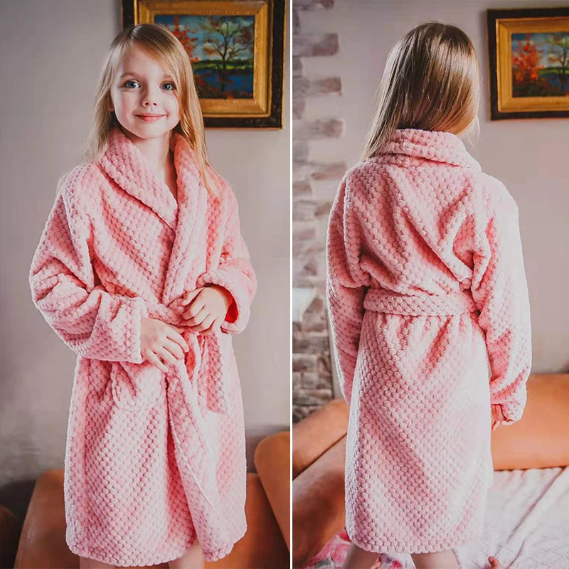 Peignoir de bain garçon 5 ans-flanelle-polyester-col-chale-hiver-printemps-moelleux-doux-absorbant-confortable-rose