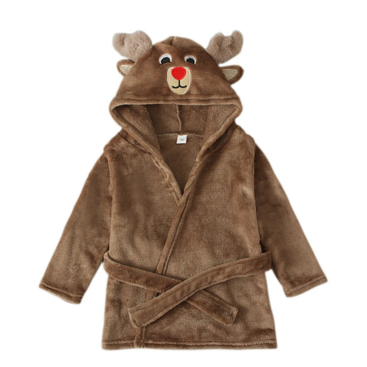 Peignoir de bain garçon 6 ans-flanelle-polyester-capuche-motif-animal-hiver-printemps-absorbant-marron