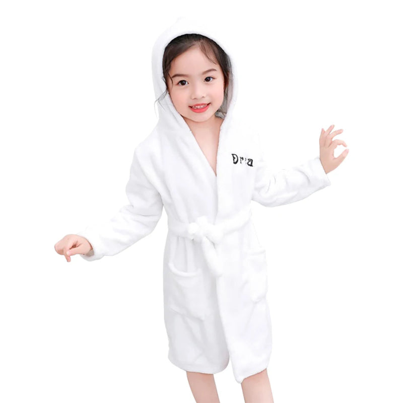Peignoir de bain garcon-polyester-flanelle-capuche-manche-longue-epais-absorbant-hiver-printemps-motif-floral-dessins-animes-hiver-mi-genou-confortable-moelleux-blanc