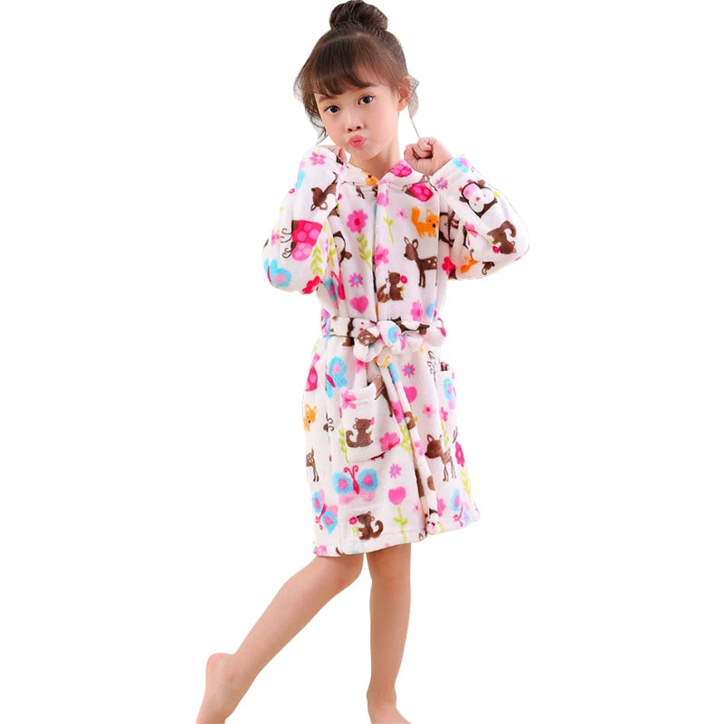 Peignoir de bain garcon-polyester-flanelle-capuche-manche-longue-epais-absorbant-hiver-printemps-motif-floral-dessins-animes-mi-genou-confortable-molleuux-blanc-rose
