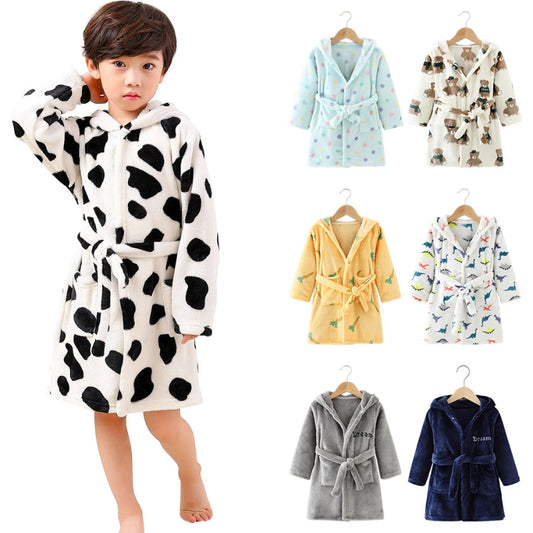 Peignoir de bain garcon-polyester-flanelle-capuche-manche-longue-epais-absorbant-hiver-printemps-motif-floral-dessins-animes-mi-genou