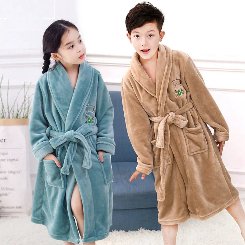 Peignoir de bain garcon 12 ans tres doux-coton-col-chale-manche-longue-mi-mollet-hiver-epais-absorbant-doux-confortable-marron-bleu
