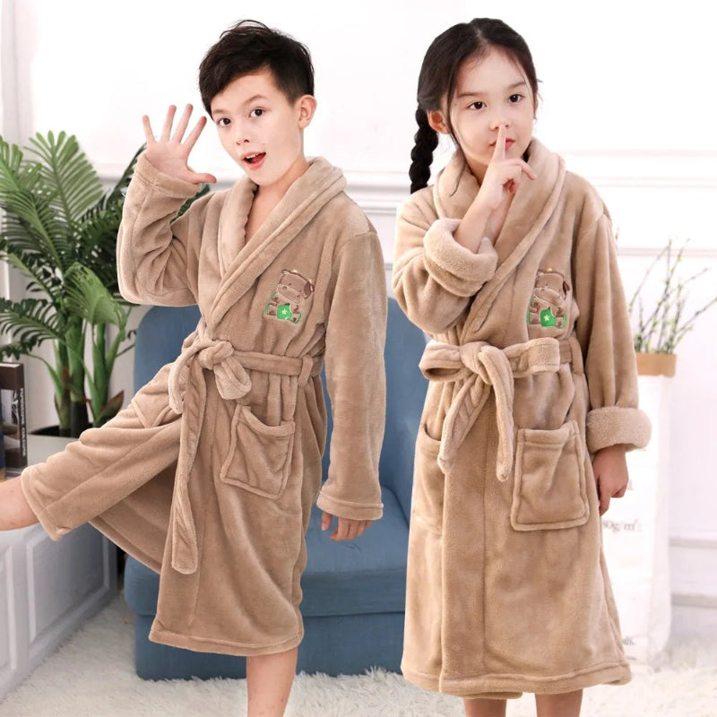 Peignoir de bain garcon 12 ans tres doux-coton-col-chale-manche-longue-mi-mollet-hiver-epais-absorbant-doux-confortable-marron