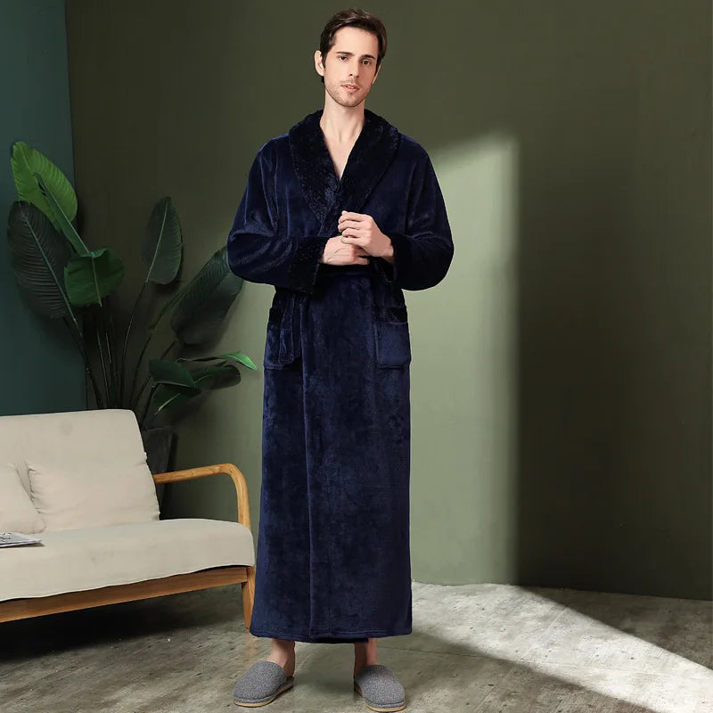 Peignoir de bain grande taille homme-flanelle-polyester-hiver-col-chale-epais-manche-longue-longueur-cheville-femme-homme-absorbant-bleu-fonce