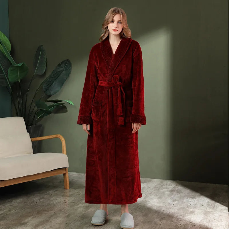 Peignoir de bain grande taille homme-flanelle-polyester-hiver-col-chale-epais-manche-longue-longueur-cheville-femme-homme-absorbant-rouge-bordeaux
