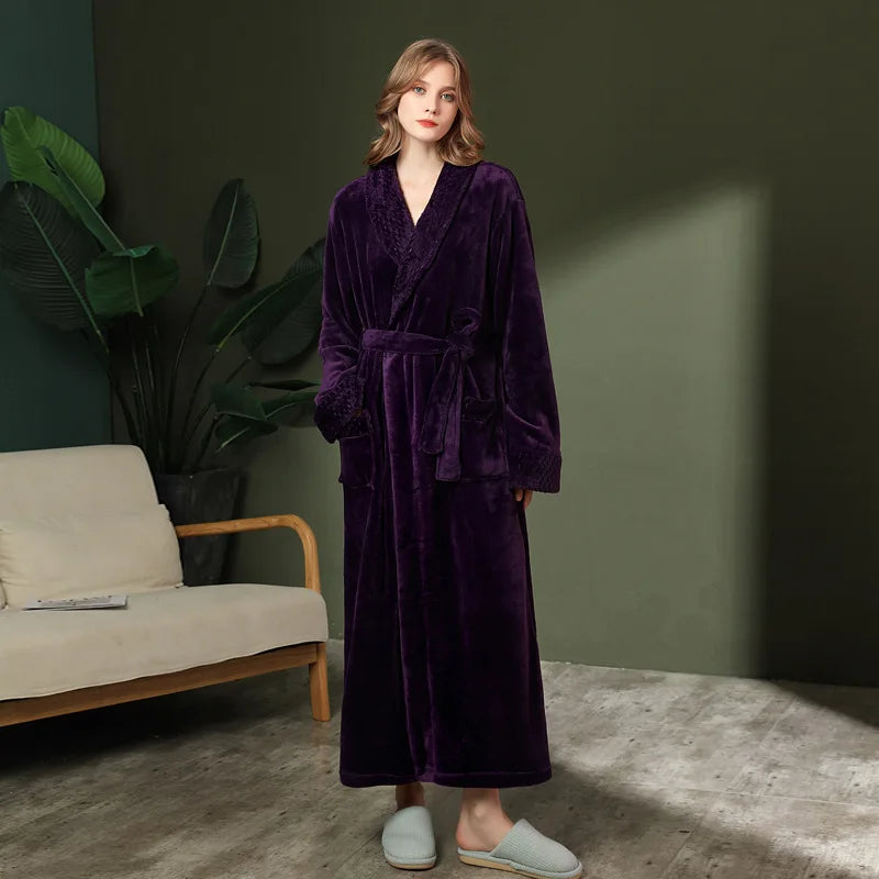 Peignoir de bain grande taille homme-flanelle-polyester-hiver-col-chale-epais-manche-longue-longueur-cheville-femme-homme-absorbant-violet