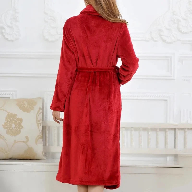 Peignoir_de_bain_grande_taille_homme-flanelle-polyester-hiver-epais-col-chale-manche-longue-femme-mi-mollet-absorbant-rouge