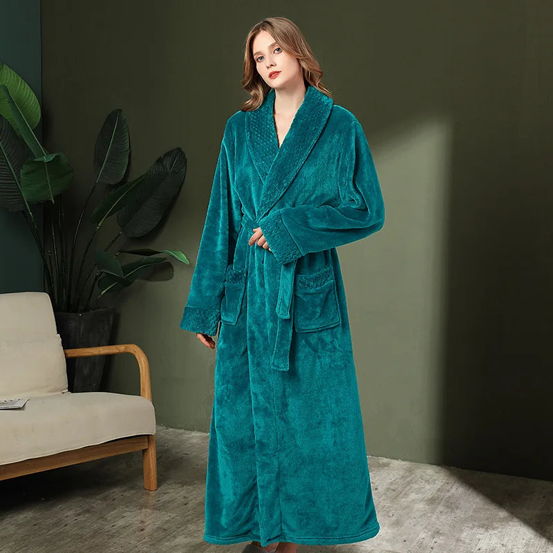 Peignoir de bain grande taille homme-flanelle-polyester-hiver-epais-col-chale-manche-longue-longueur-cheville-femme-homme-absorbant-bleu