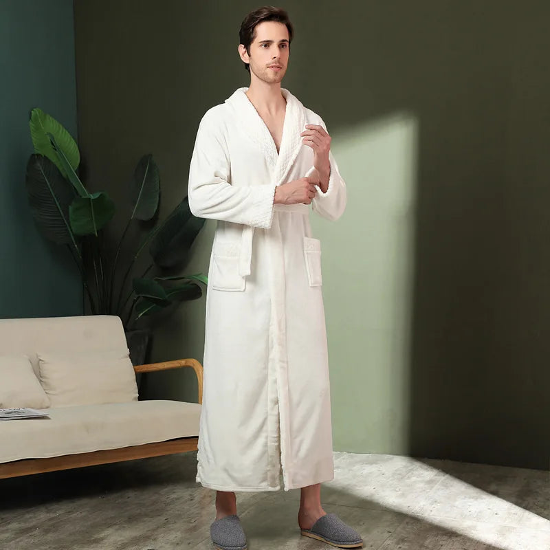 Peignoir de bain grande taille homme-flanelle-polyester-hiver-epais-col-chale-manche-longue-longueur-cheville-femme-homme-absorbant-gris
