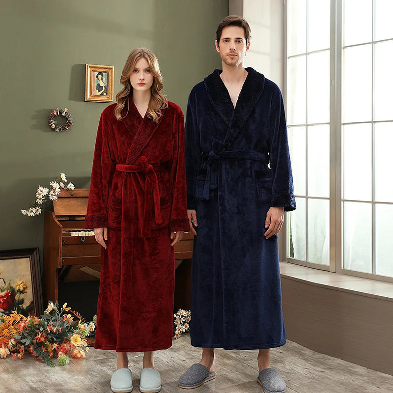 Peignoir de bain grande taille homme-flanelle-polyester-hiver-epais-col-chale-manche-longue-longueur-cheville-homme-femme-absorbant-bleu-marine